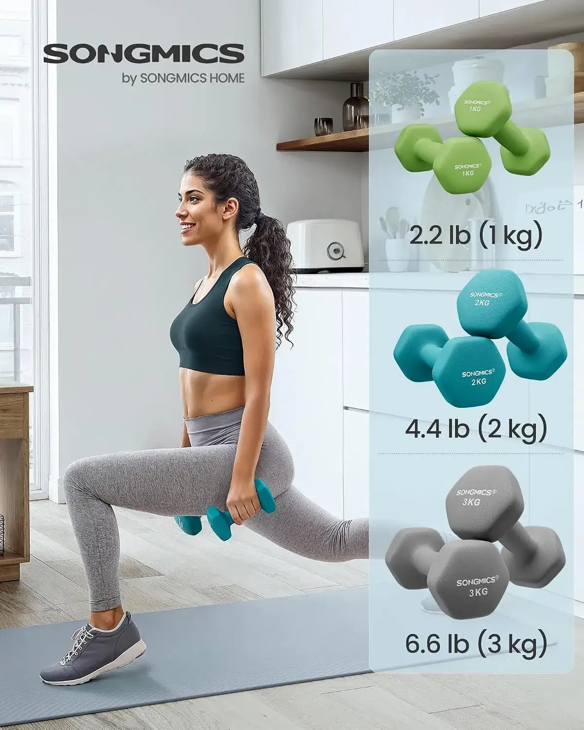 Käsipainosetti Songmics, 1–3 kg, 6 kpl, telineellä