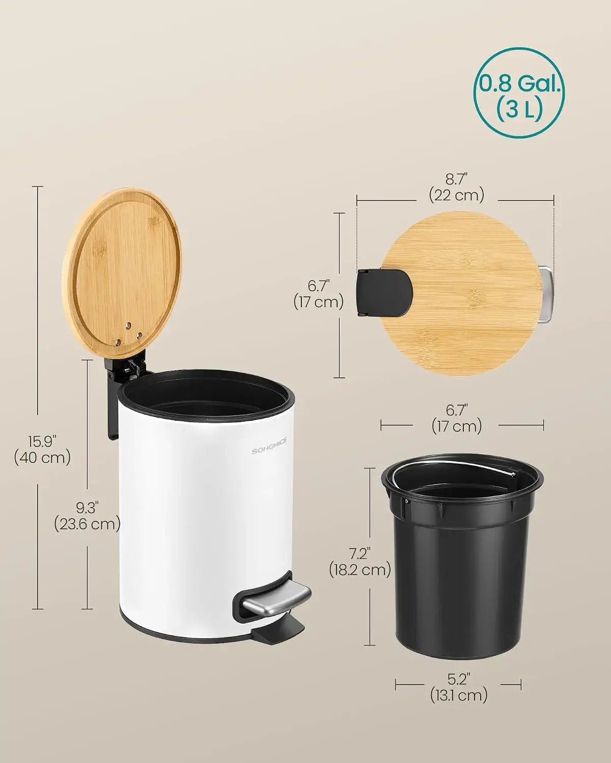 Poljinroskakori Songmics, 3 l, bambukansi, valkoinen